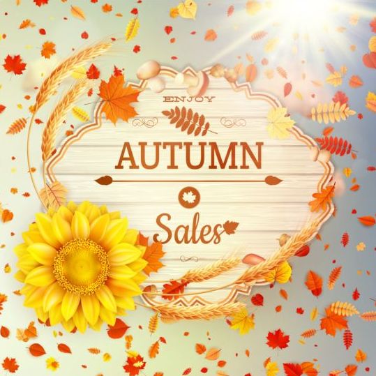 Autumn sale labels with sunflower and leaves background vector 08