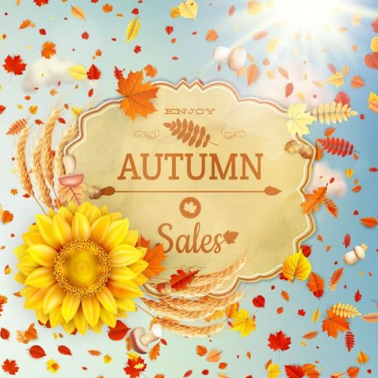Autumn sale labels with sunflower and leaves background vector 09