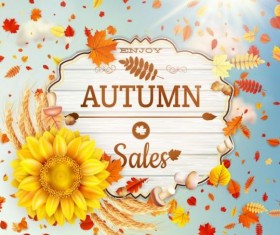 Autumn sale labels with sunflower and leaves background vector 10