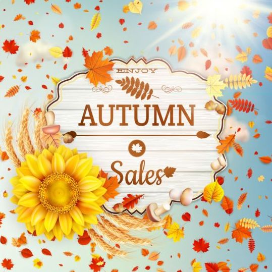 Autumn sale labels with sunflower and leaves background vector 10