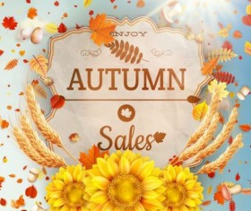 Autumn sale labels with sunflower and leaves background vector 11