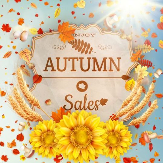 Autumn sale labels with sunflower and leaves background vector 11