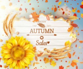 Autumn sale labels with sunflower and leaves background vector 12