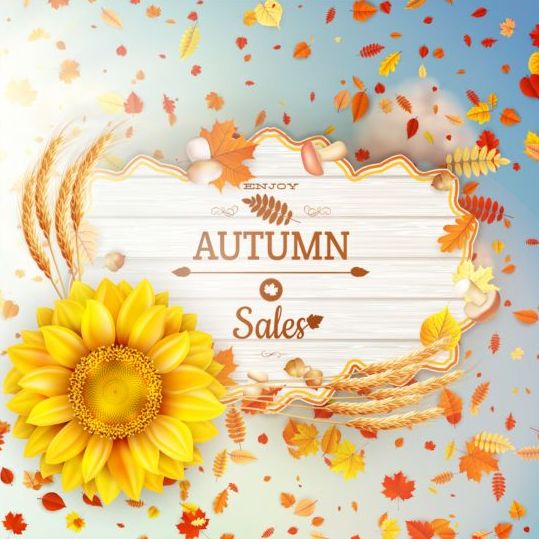 Autumn sale labels with sunflower and leaves background vector 12