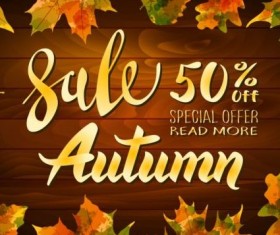 Autumn sale with wooden background and leaves vector 01