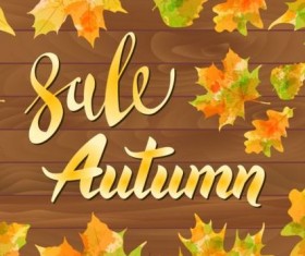 Autumn sale with wooden background and leaves vector 02