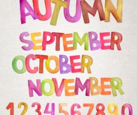 Autumn watercolor alphabet with numbers vector