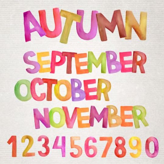 Autumn watercolor alphabet with numbers vector