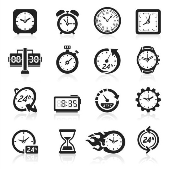 Black clock icons vector set