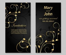 Black wedding invitation card with gold floral vector 01