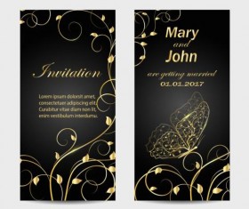 Black wedding invitation card with gold floral vector 02