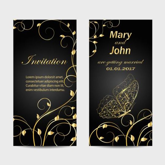 Black wedding invitation card with gold floral vector 02