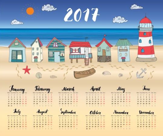 Calendars 2017 with beach house vector 02