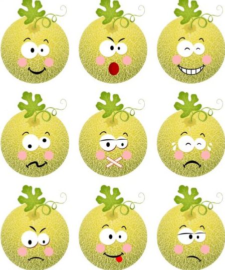 Cantaloupe melon with different expression icons