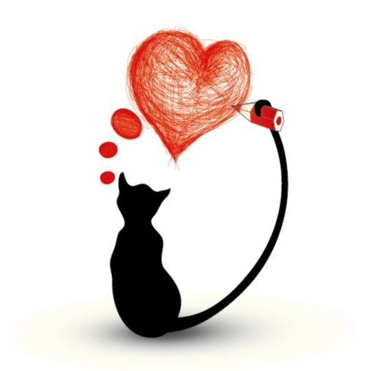 Cat silhouetter and heart vector
