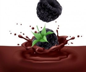 Chocolate splash with ripe berries vector background