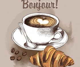 Coffee with croissant hand drawn vector