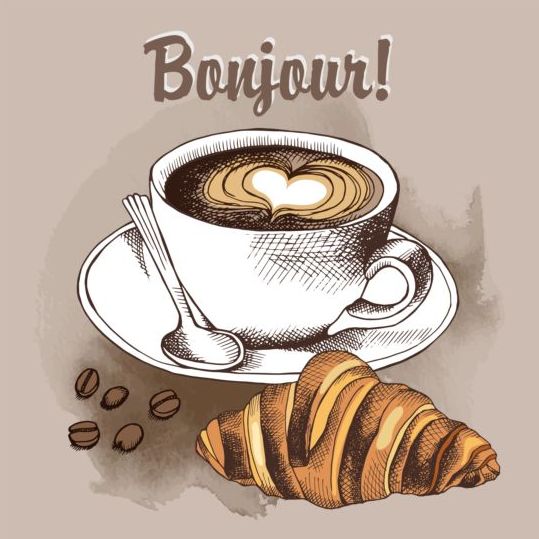 Coffee with croissant hand drawn vector
