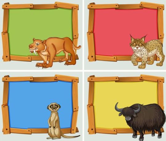 Colored wooden frame with wild animals vector 01
