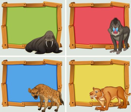 Colored wooden frame with wild animals vector 02