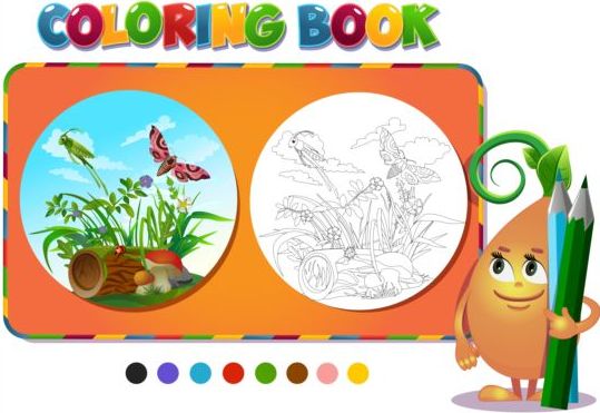Coloring book insects with nature vector 03