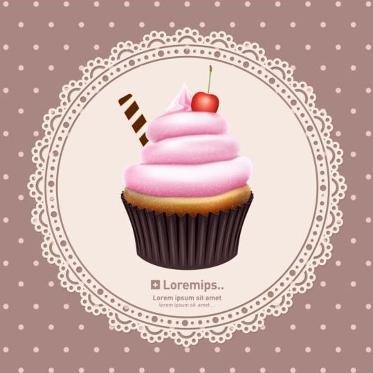 Cupcake with lace frame card vector