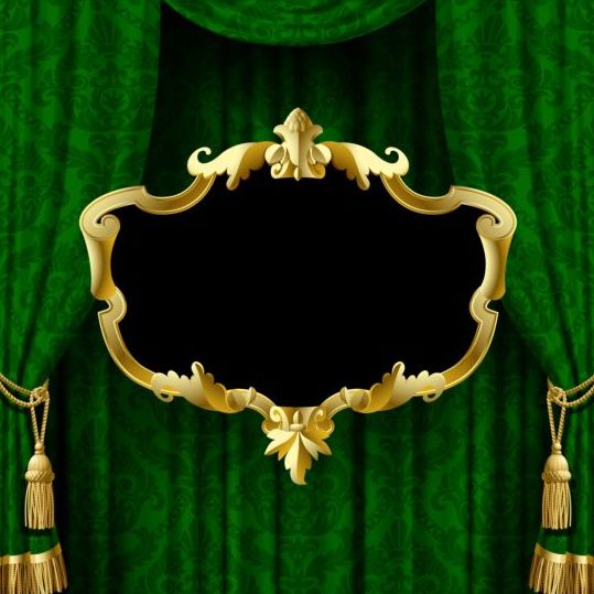 Green curtain with golden frame vector