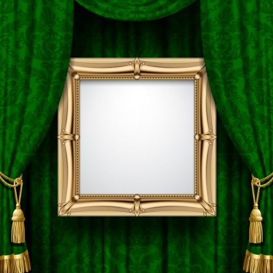 Green curtain with photo frame vector