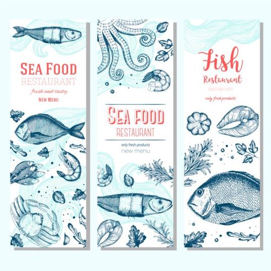 Hand drawn sea food banners vector 02 free download