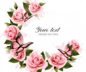 Holiday background with pink beautiful flowers and butterflies vector 02