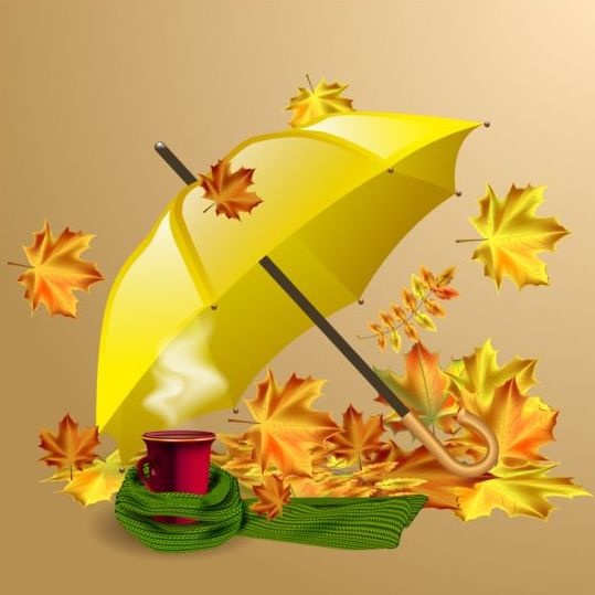 Hot tea with umbrella autumn background vector