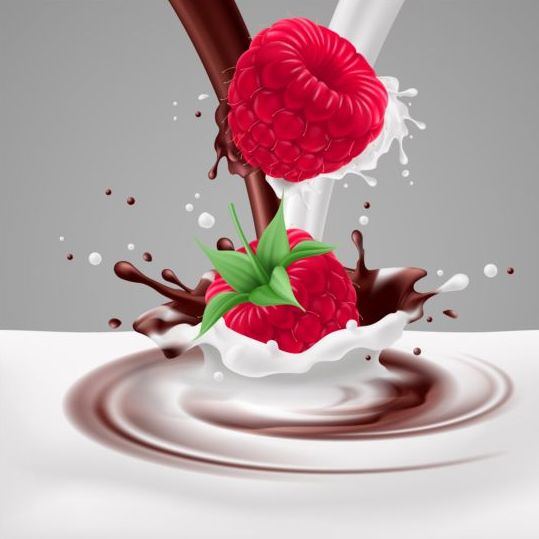 Milk Choco splash with ripe berries vector background