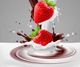 Milk Choco splash with strawberries vector background 01