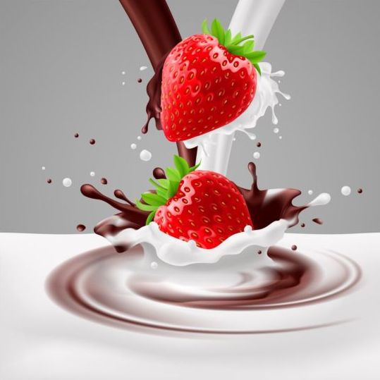 Milk Choco splash with strawberries vector background 01