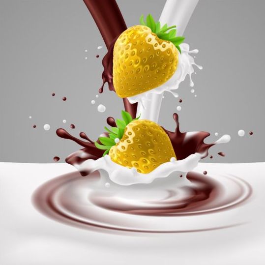 Milk Choco splash with strawberries vector background 02