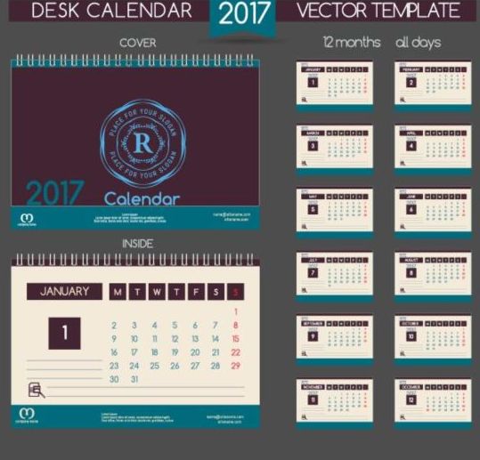 Retro desk calendar 2017 vector template 12