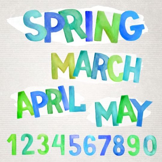 Spring watercolor alphabet with numbers vector