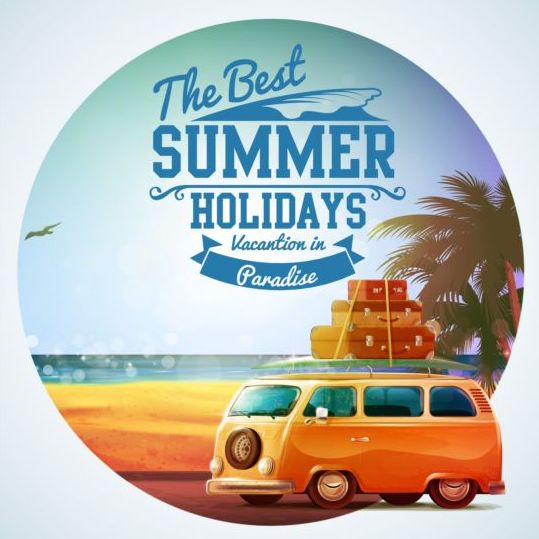 Summer holiday bus tour vintage vector