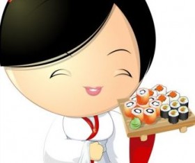 Sushi with beautiful girl vector 01