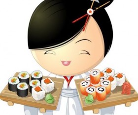 Sushi with beautiful girl vector 02