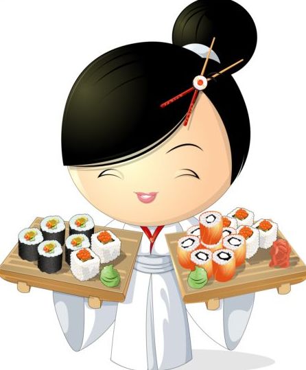 Sushi with beautiful girl vector 02