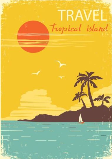 Tropical island air travel vintage poster vector 06