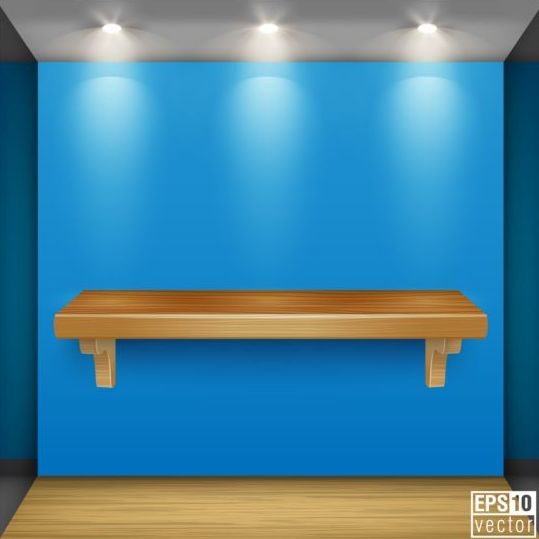 Wooden shelves with blue background vector 01