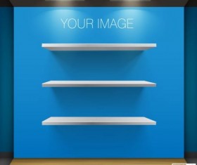 Wooden shelves with blue background vector 02