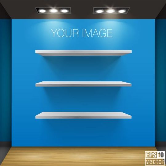 Wooden shelves with blue background vector 02