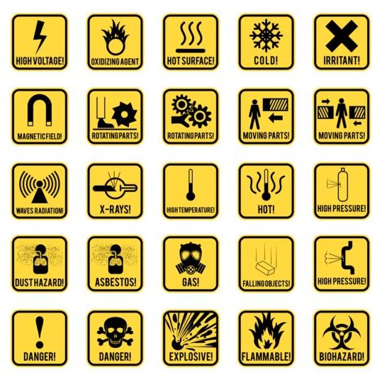 Yellow danger wiht hazards icons set 02