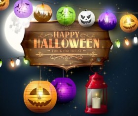 halloween labels with lantern night vector
