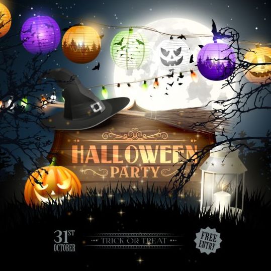 halloween party outside with lanterns vector