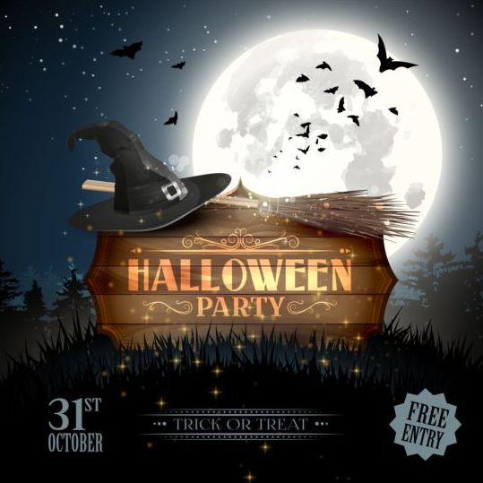 halloween party poster with wooden labels vector