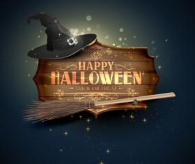 halloween sign and hat with broom vector